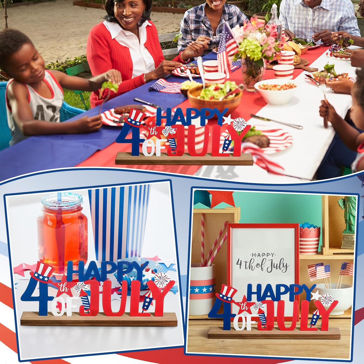 Happy 4th of July/Patriotic Metal Sign Rustic Table Decor Holiday Tiered Tray Decor with Wooden