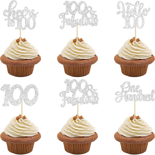 30pcs Happy 100th Birthday Cupcake Toppers - Silver Glitter One Hundred Cheers to 100 Years Old
