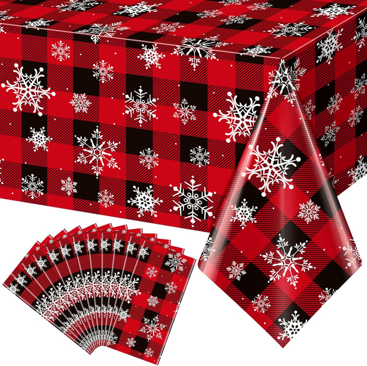 12 Pieces Red and Black Buffalo Plaid Merry Christmas Party Tablecloth Decorations,Plastic White