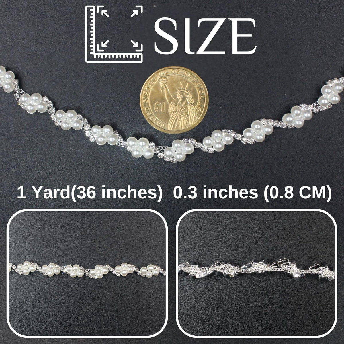 PEARLY JUN 1 Yard Pearl Rhinestone Trim Chain Silver Crystal Fringe Diamond Applique Ribbon String