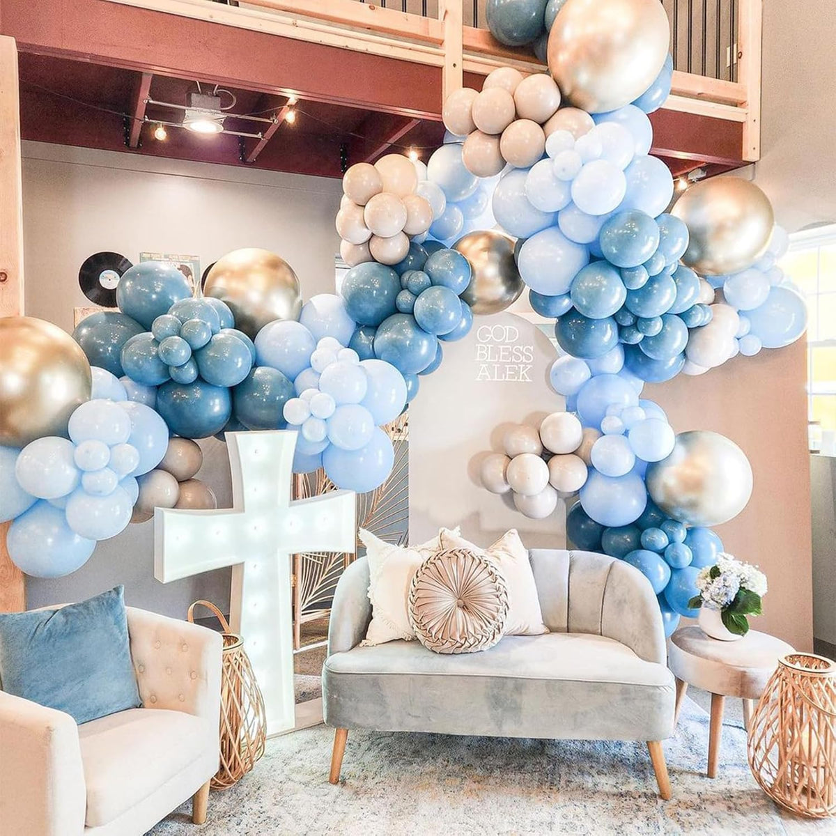60 Pack Dusty Blue Gold Balloons, Slate Blue White Sand Teal Turquoise Crem Beige Latex Balloon Set