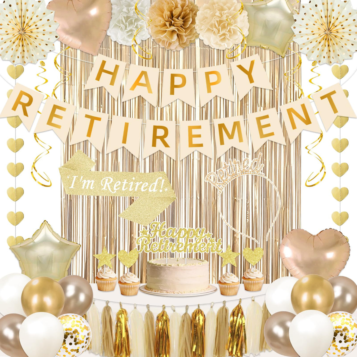 Retirement Party Decorations Supplies Set, Champagne Gold Retirement Decorations Happy Retirement