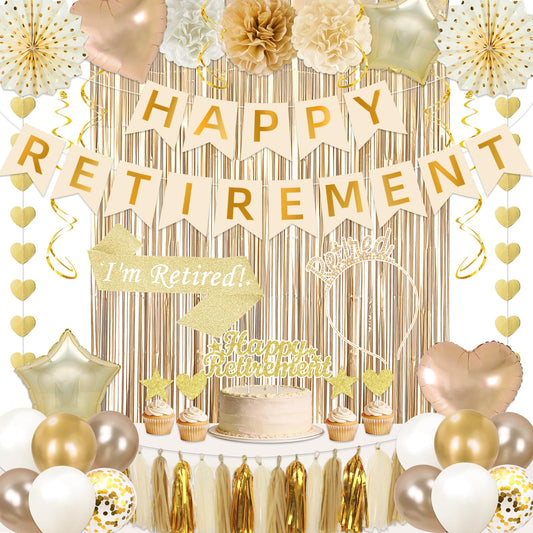 Retirement Party Decorations Supplies Set, Champagne Gold Retirement Decorations Happy Retirement
