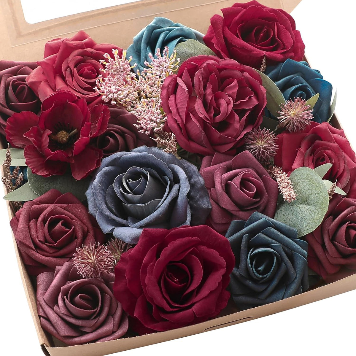 Floroom Burgundy Navy Blue Artificial Flowers Marsala Fake Roses Peonies Greenery Combo Box Set for