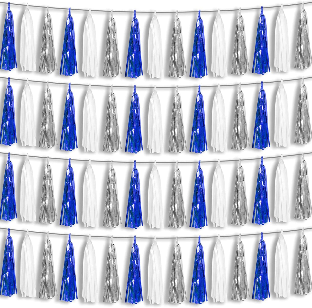 4P Navy-Blue White-Silver Foil Fringe Metallic Tassel Garland Banner, Tassels Banner Streamers for