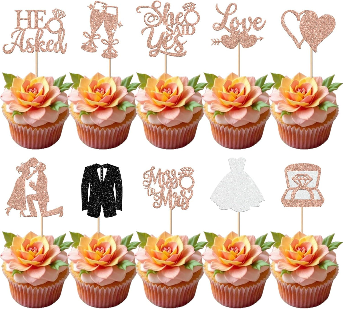 30 Pack Bride to be Cupcake Toppers Glitter Diamond Ring I Do Love Cupcake Picks Miss to Mrs He
