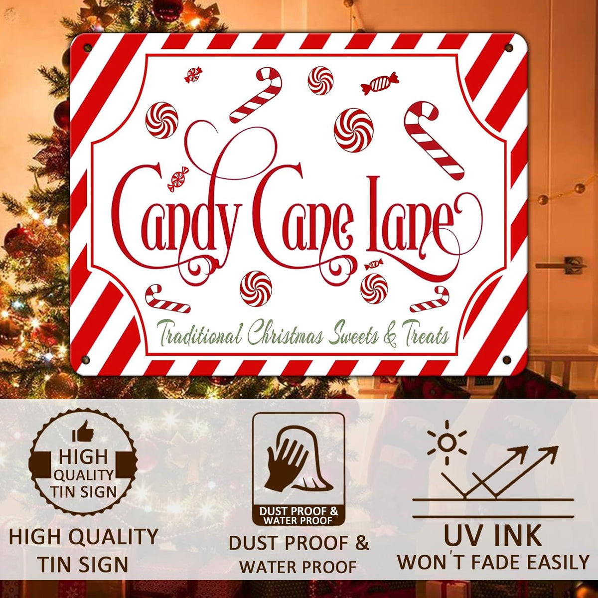 Christmas Candy Cane Lane Metal Tin Sign Traditional Christmas Sweets and Treats Winter Sign for