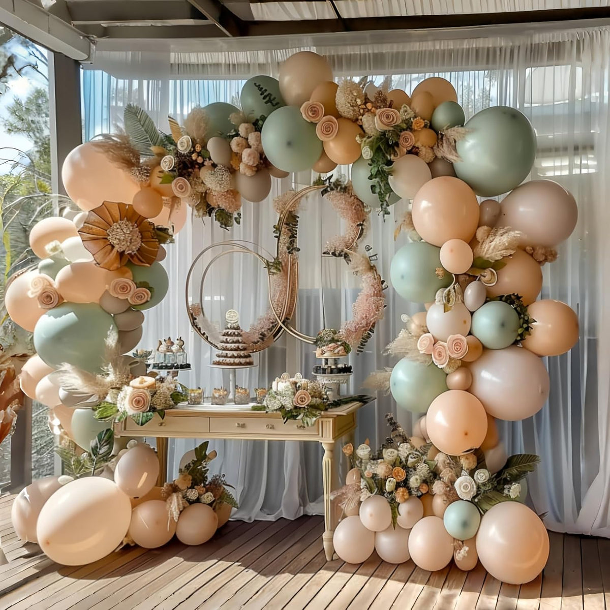 Pink and Dusty Green Balloons,50Pcs 12 Inch Brown Nude Boho White balloons Balloons, with Ribbon