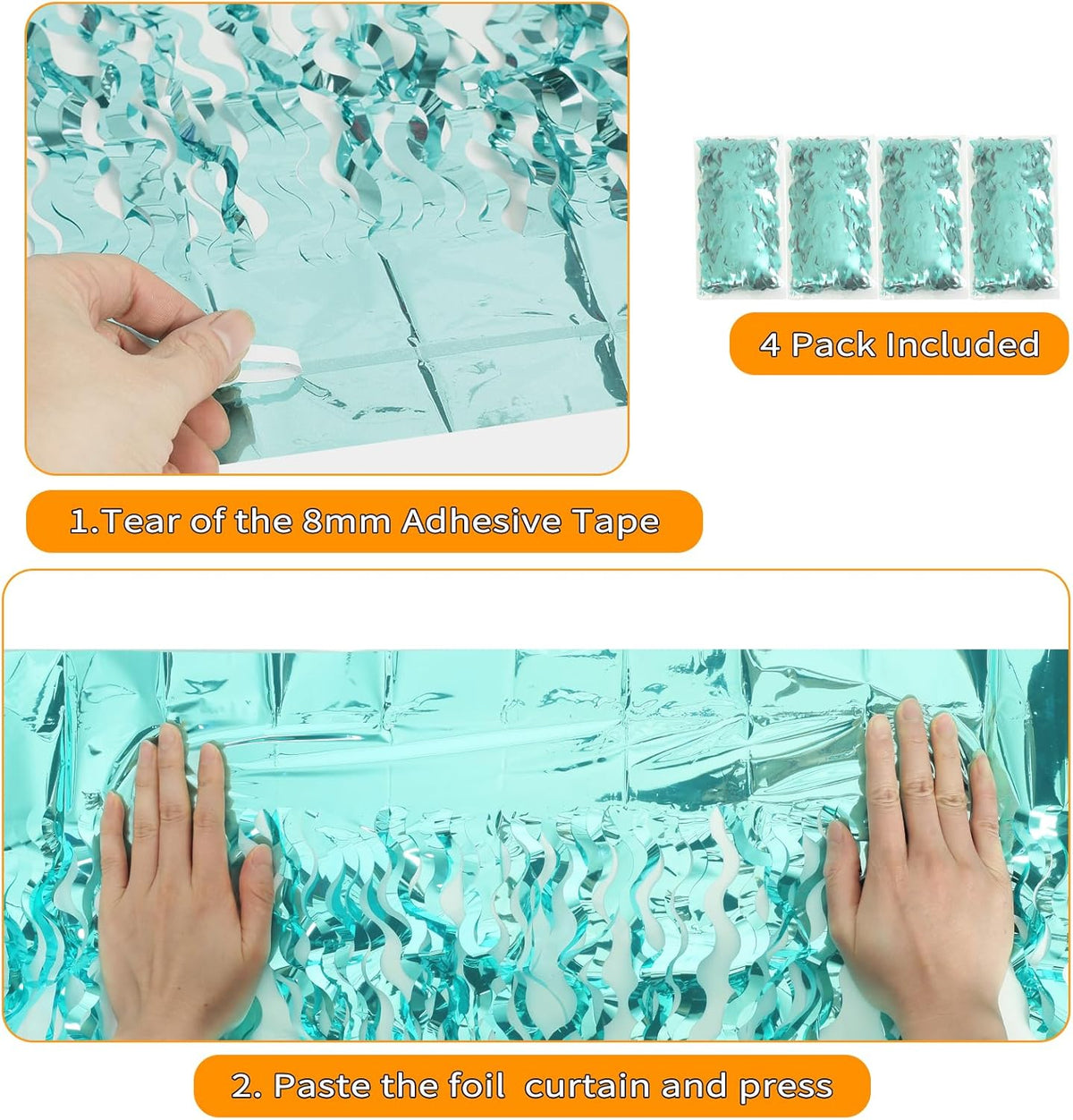 4 Pack 3.3 ft x 6.6 ft Wavy Aqua Teal Blue Tinsel Foil Fringe Curtains Backdrop - Wave Metallic