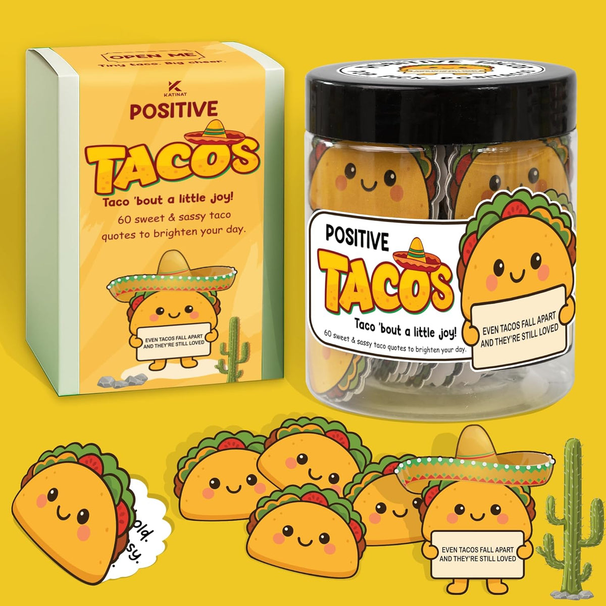 Positive Taco Jar – 60 Funny Emotional Support Taco, Back to School Gift for Students, Teachers