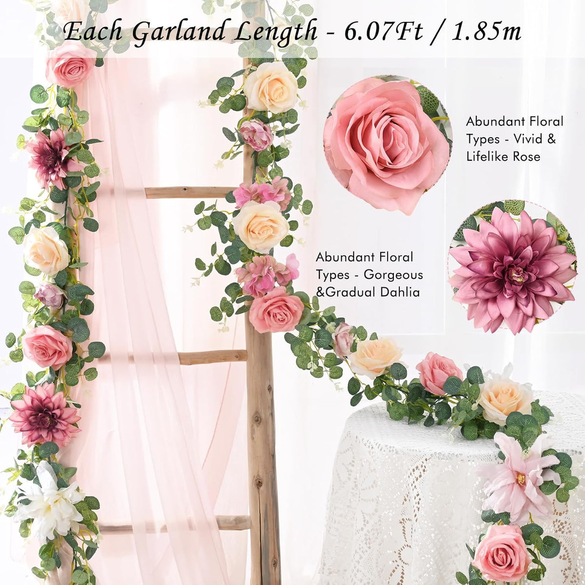 Waipfaru 2Pcs Artificial Flower Garland Decorations, 12.14Ft Eucalyptus Greenery Vines with Pink