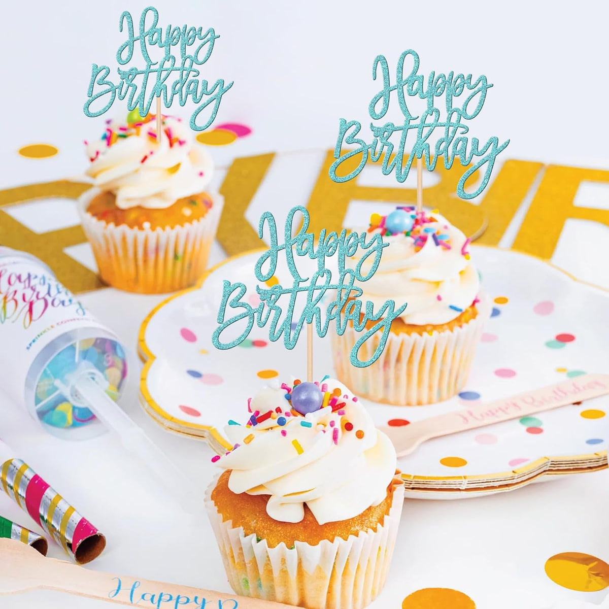 24 PCS Happy Birthday Cupcake Toppers Glitter Picks for Celebrating Anniversary Theme Party Cake