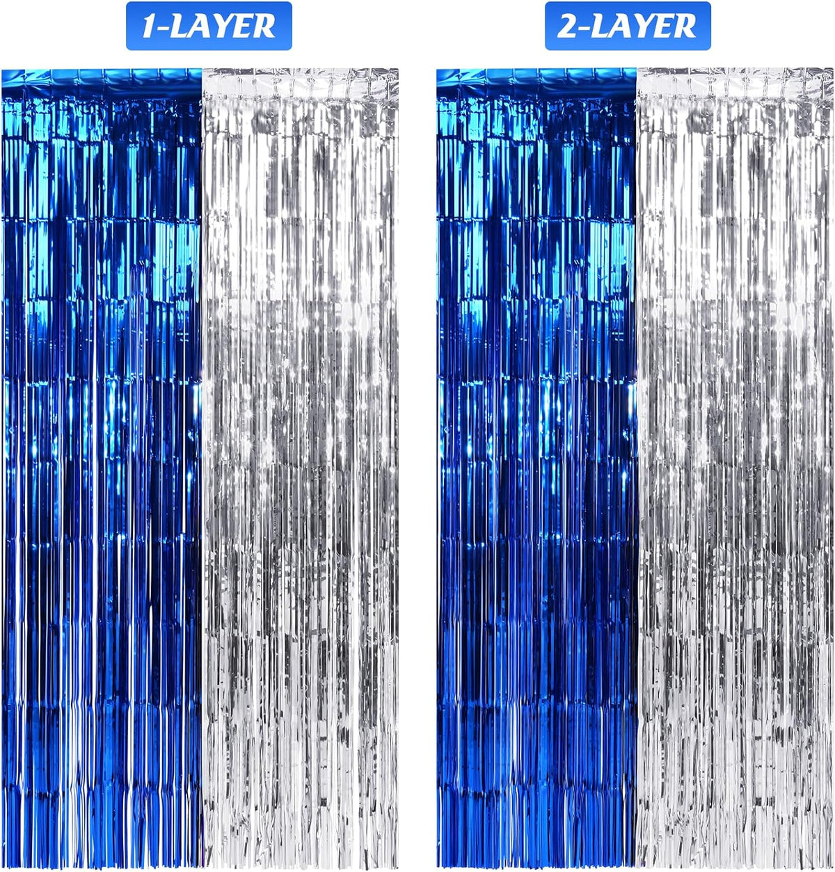 3Pack 3.3Ft x 6.6Ft Graduation Foil Fringe Curtain Backdrop Decorations, Blue Silver Metallic