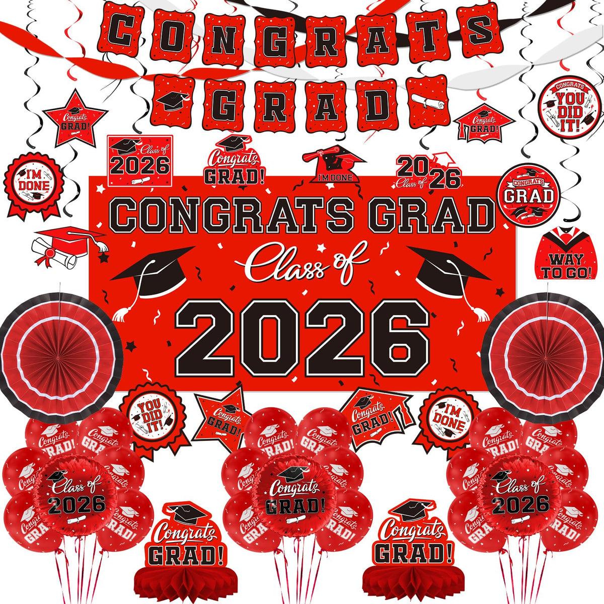 Red Themed 2026 Graduation Decorations Set - Congrats Grad Banner, Class of 2026Backdrop, Balloons