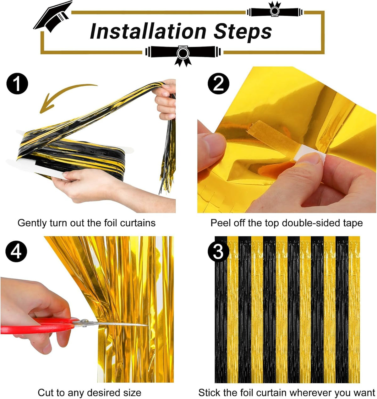 2 Pack Graduation Backdrop, 3.28 FT x 7.05 FT Black and Gold Foil Fringe Curtains, Metallic Foil