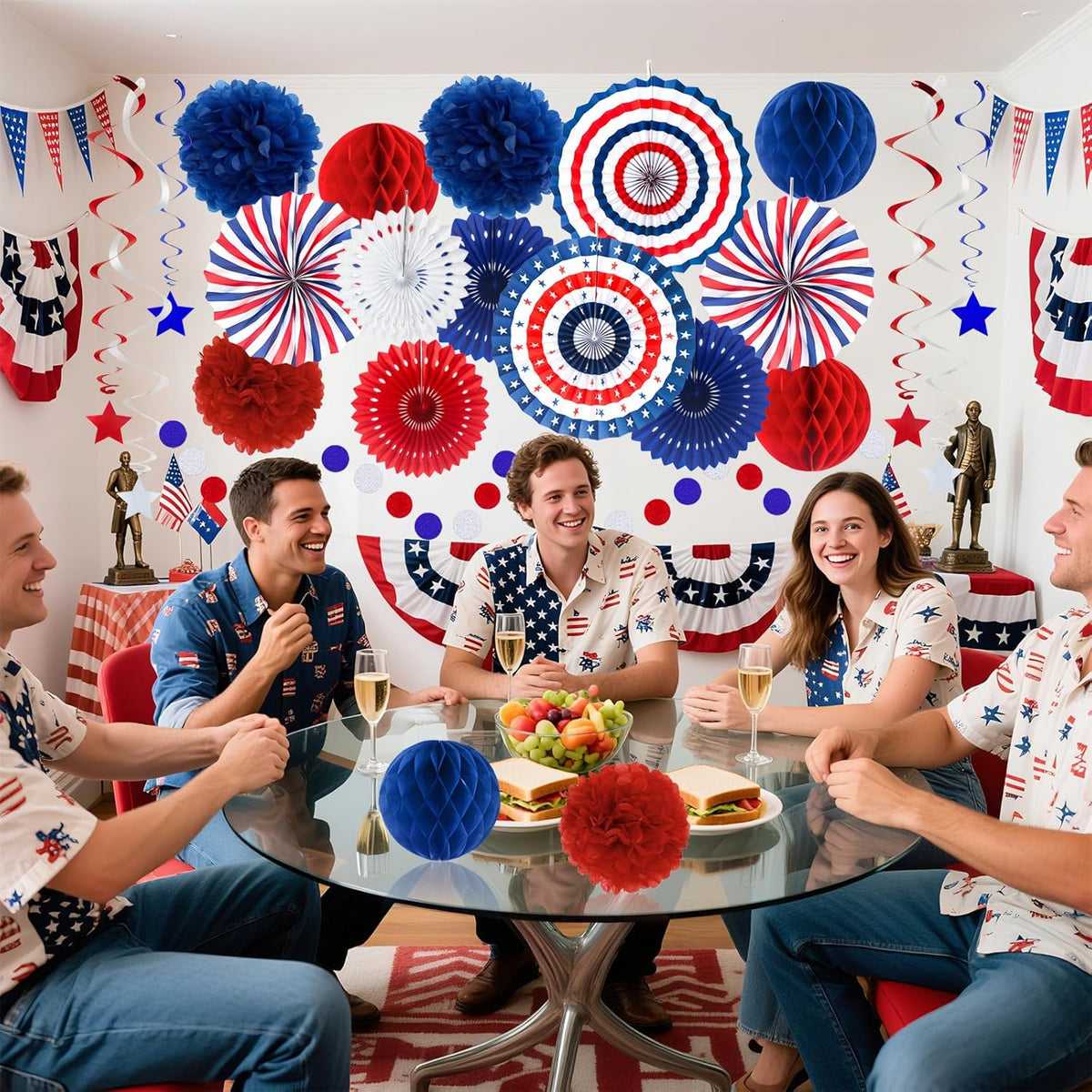 24PCS Patriotic Decorations 4th of July Decorations Set Red White Blue Hanging Paper Fans USA Flag