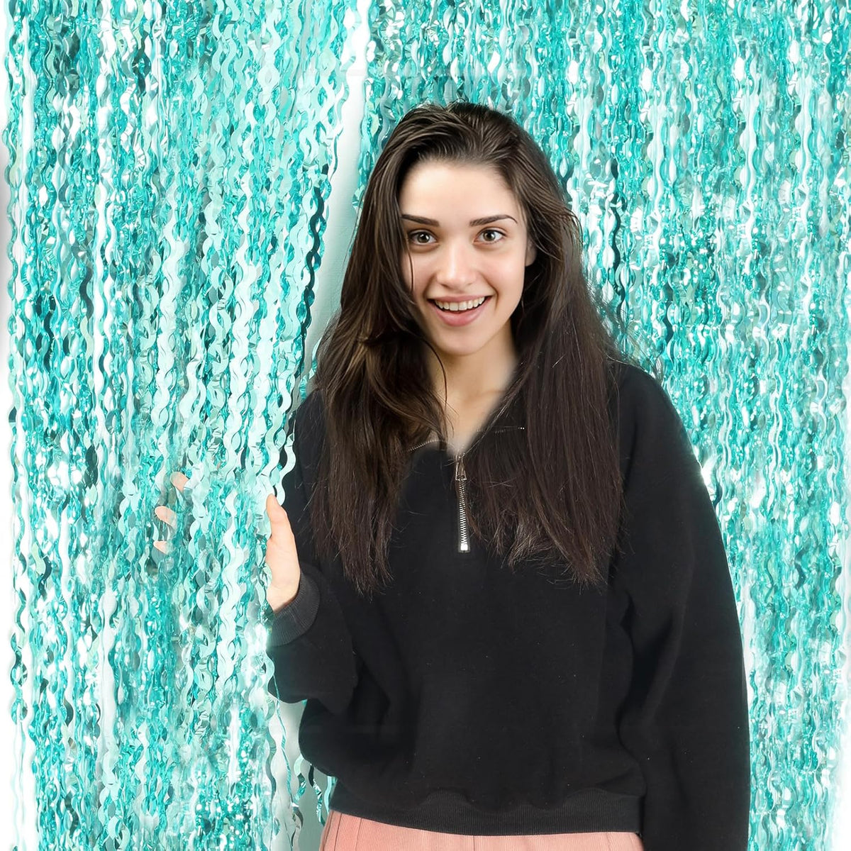 4 Pack 3.3 ft x 6.6 ft Wavy Aqua Teal Blue Tinsel Foil Fringe Curtains Backdrop - Wave Metallic