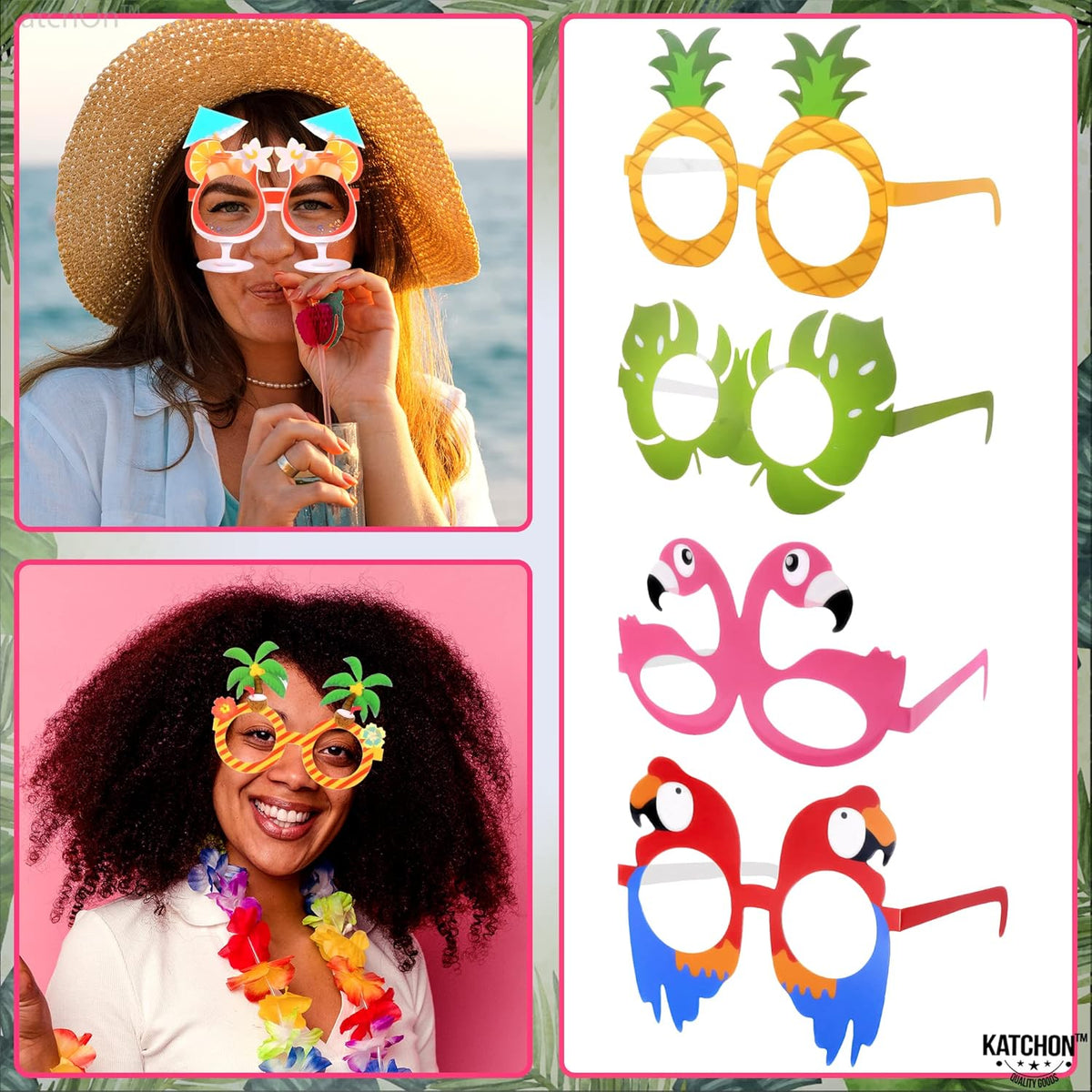 KatchOn, Tropical Hawaiian Photo Booth Props - Pack of 12,Luau Party Decorations | Luau Glasses for