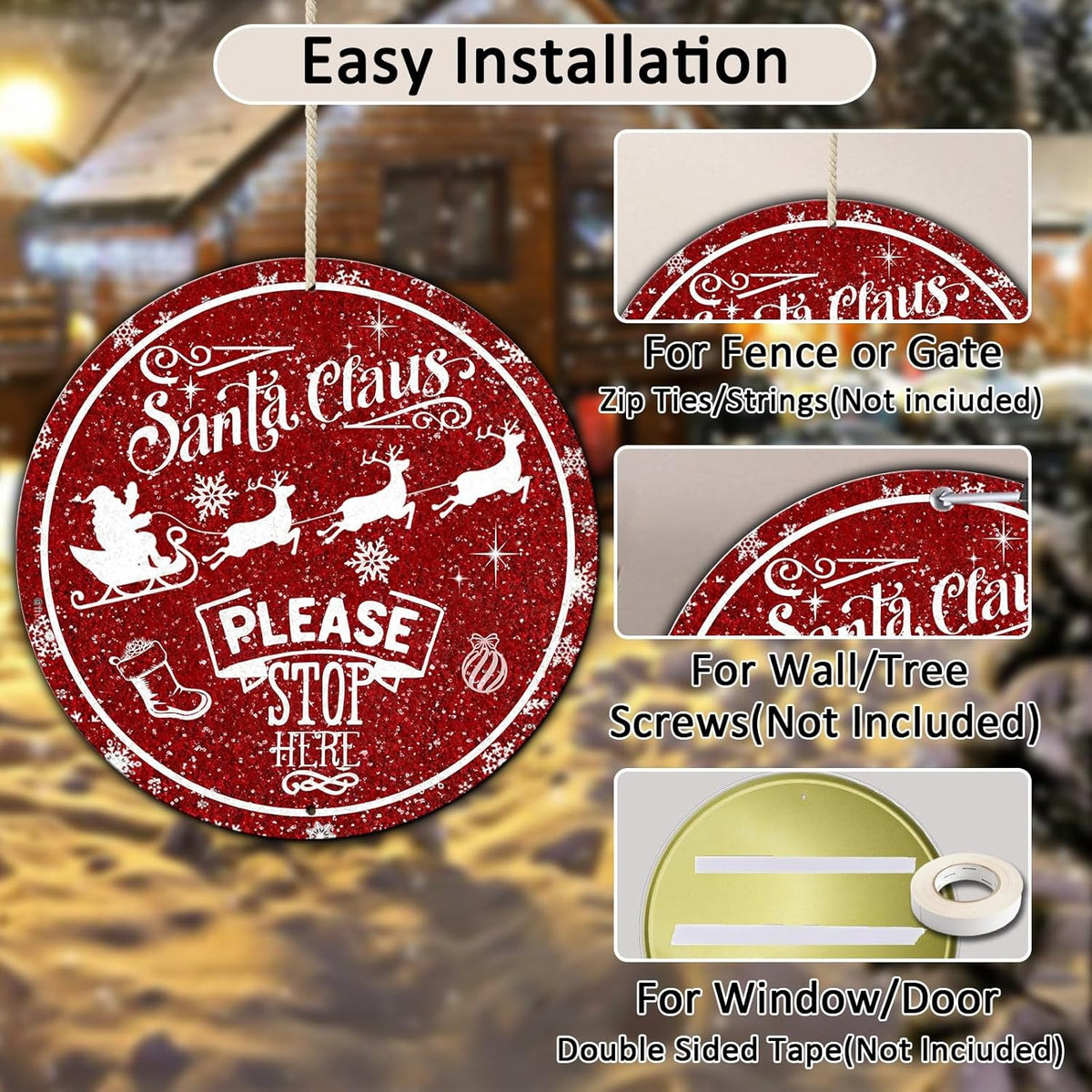 Round Metal Tin Sign - Santa Sleigh Reindeer Vintage Sign - Santa Claus Please Stop Here Sign for