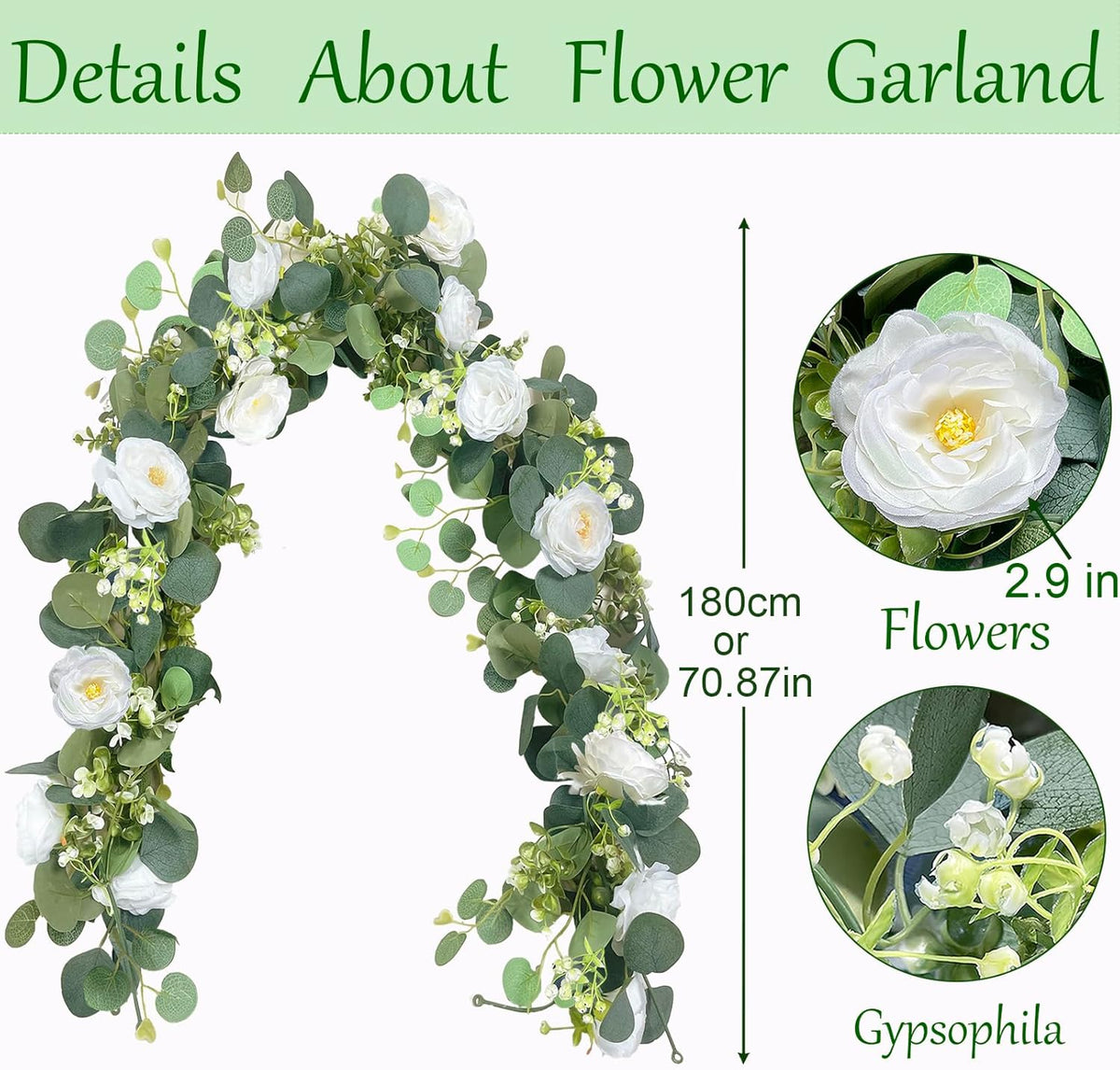 2 Pack 12Ft Artificial Eucalyptus Flower Garland with White Roses, Fake Flowers Greenery Garland