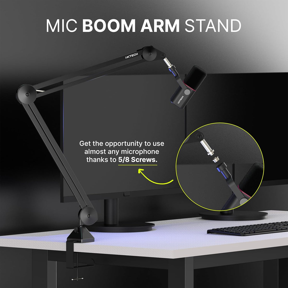 IXTECH Microphone Boom Arm Stand, Heavy Duty Adjustable Mic Stand with Cable Ties, Desk Mount Arm