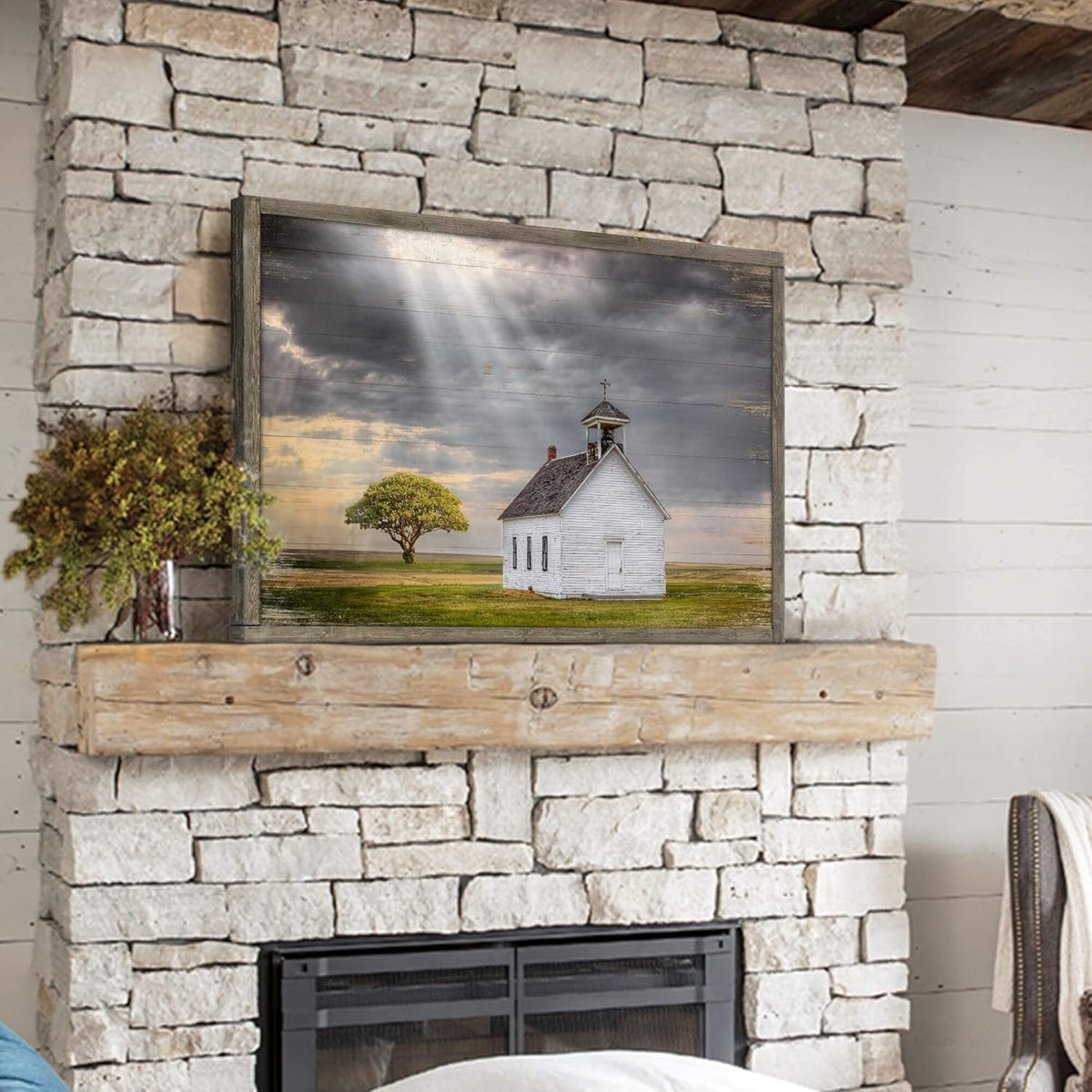 Wooden Barn Landscape Artwork Painting - Rustic Handcrafted Framed Countryside Picture Wall Art for