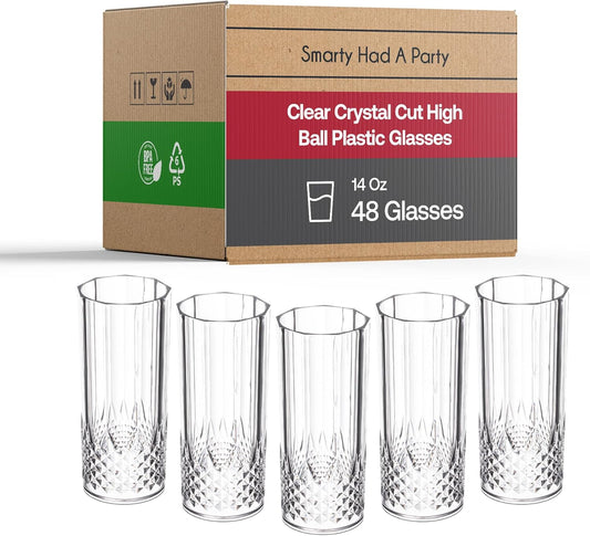 Smarty Had A Party 14 oz Plastic Highball Glasses Disposable – 48 Bloody Mary Glasses, Crystal-Cut