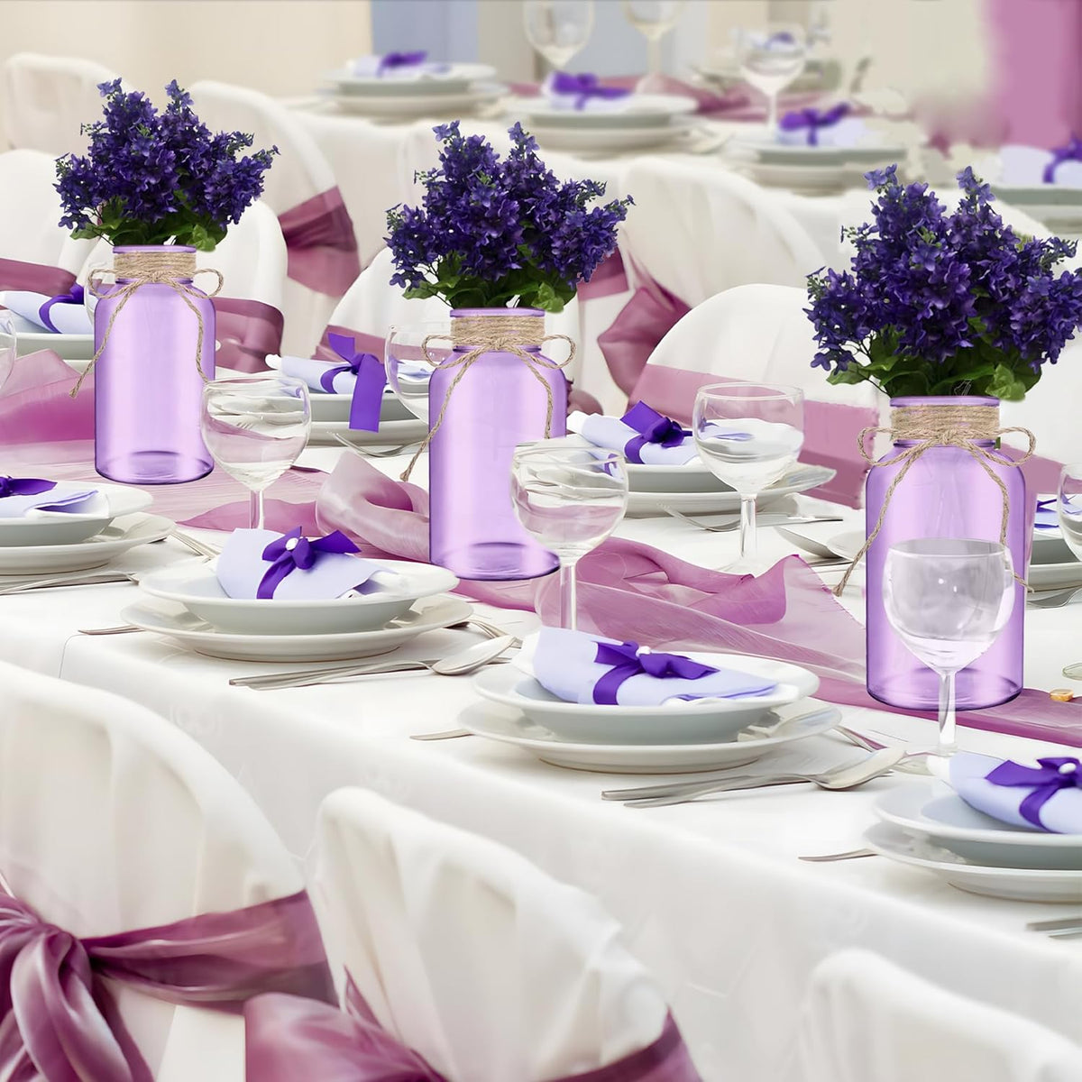 Vintage Glass Flower Vase，12 Pack Farmhouse Purple Glass Centerpiece Vases Mason Jars for Weddings