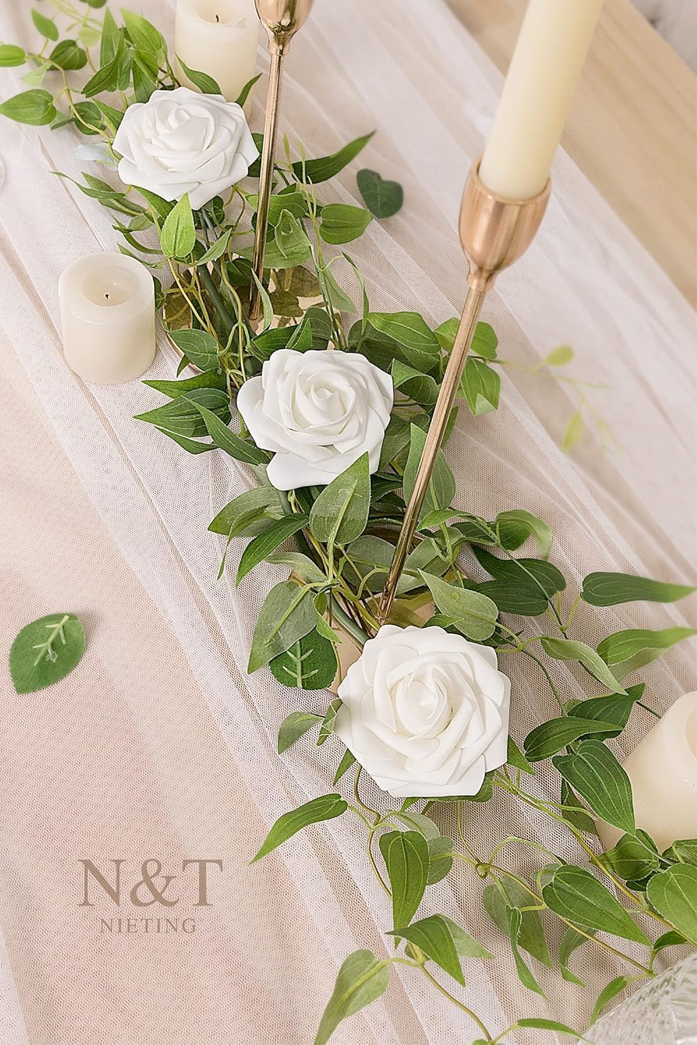 N&T NIETING Artificial Flowers, 25pcs Fake Flowers White Rose Perfect for DIY Wedding Bridesmaid