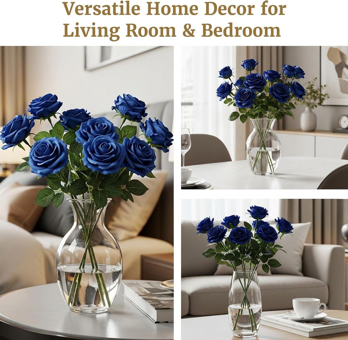 Auihiay 60PCS Fake Blue Roses, Artificial Blue Flowers, Silk Faux Rose with Long Stems for Wedding