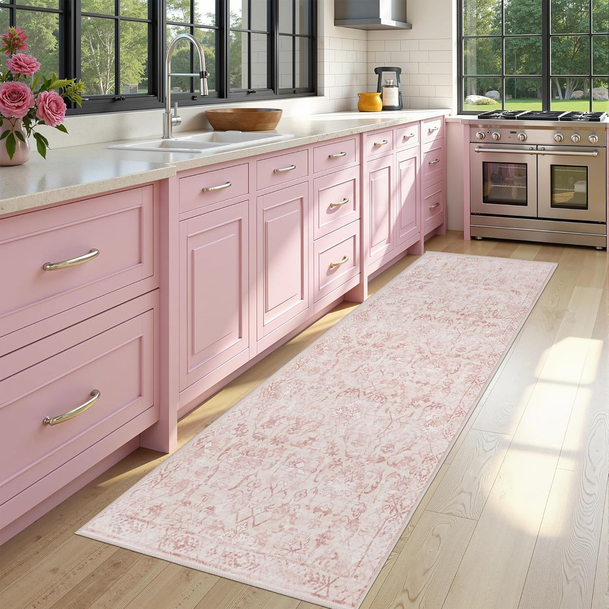 Pink 3x7 Runner Rug for Hallways Bed Side Kitchen, Boho Washable Distressed Low-Pile Floor Entryway