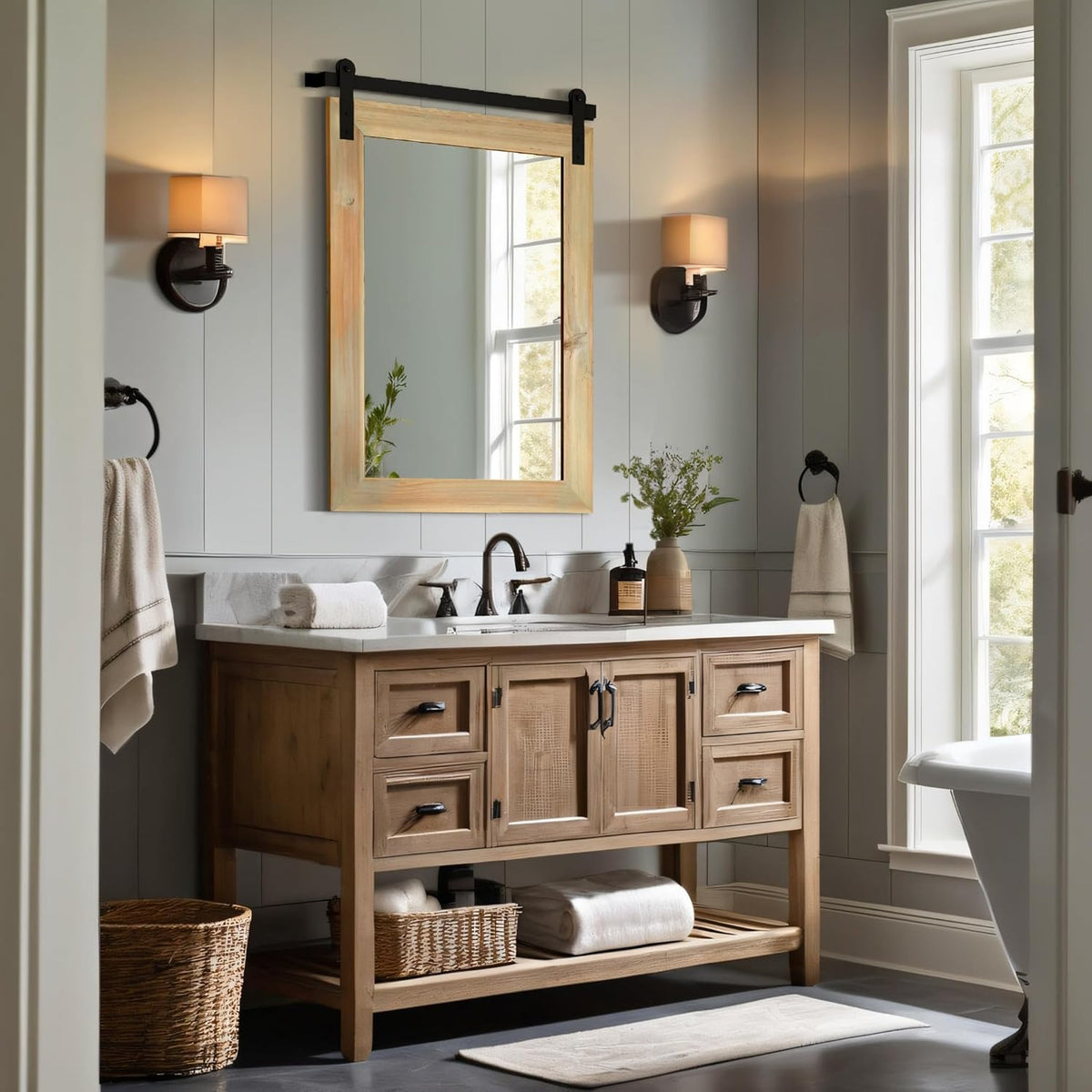 COGOOD Farmhouse Barn Door Mirror - 21" x 30" Rustic Wood Framed Wall Mirror for Bathroom, Living