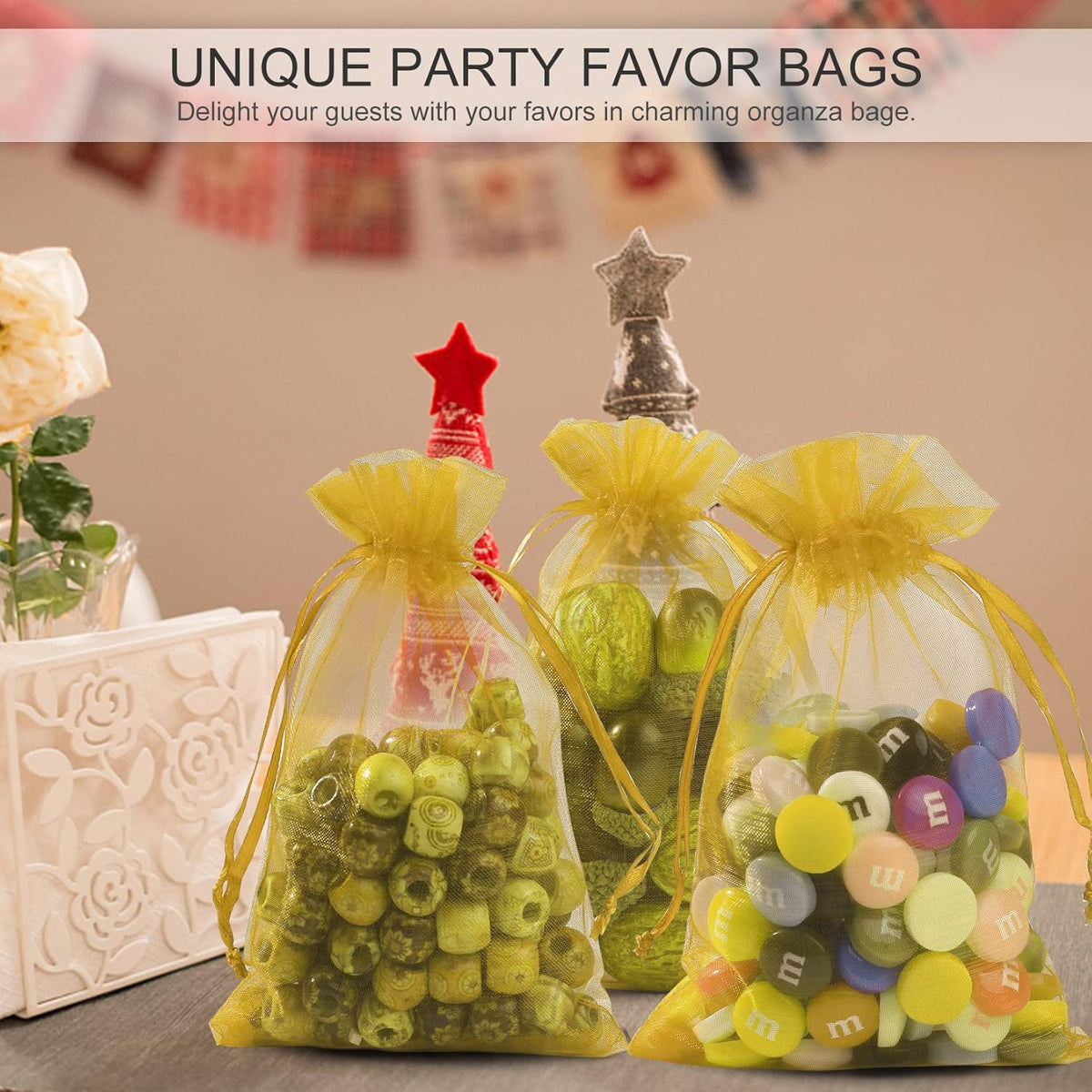 ANZNKU 100 Pack Organza Bags, 4 x 6 inch Small Premium Golden Favor Bags with Drawstring, Sheer