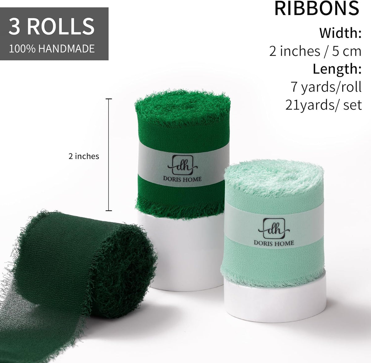 DORIS HOME 2" x21Yd Chiffon Ribbon for Flower Bouquet, Green Series Fabric Ribbon for Gift