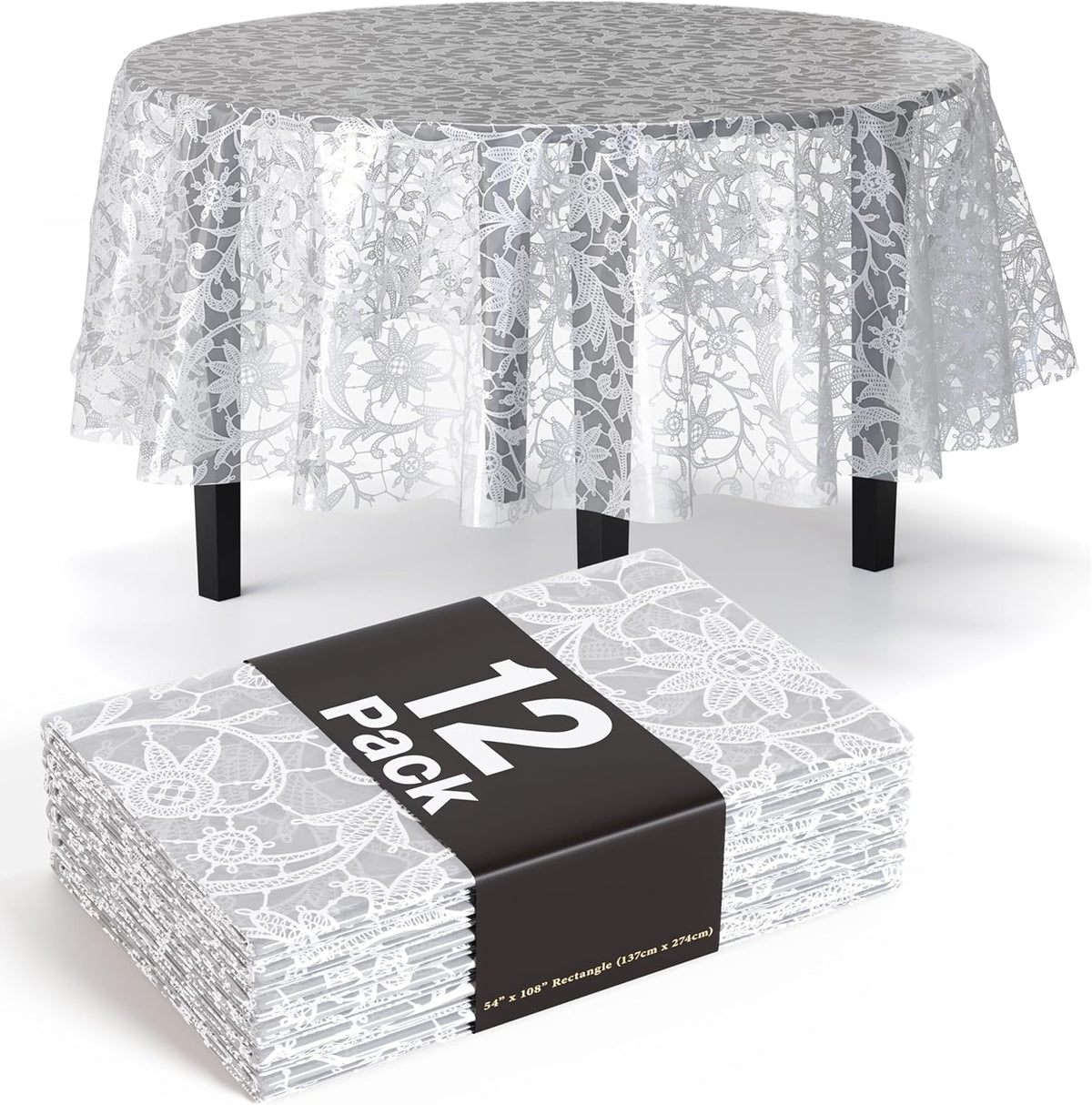 Exquisite Lace Table Cloth Round Table Plastic 12-Pack Lace Tablecloth Round 84" | White Floral
