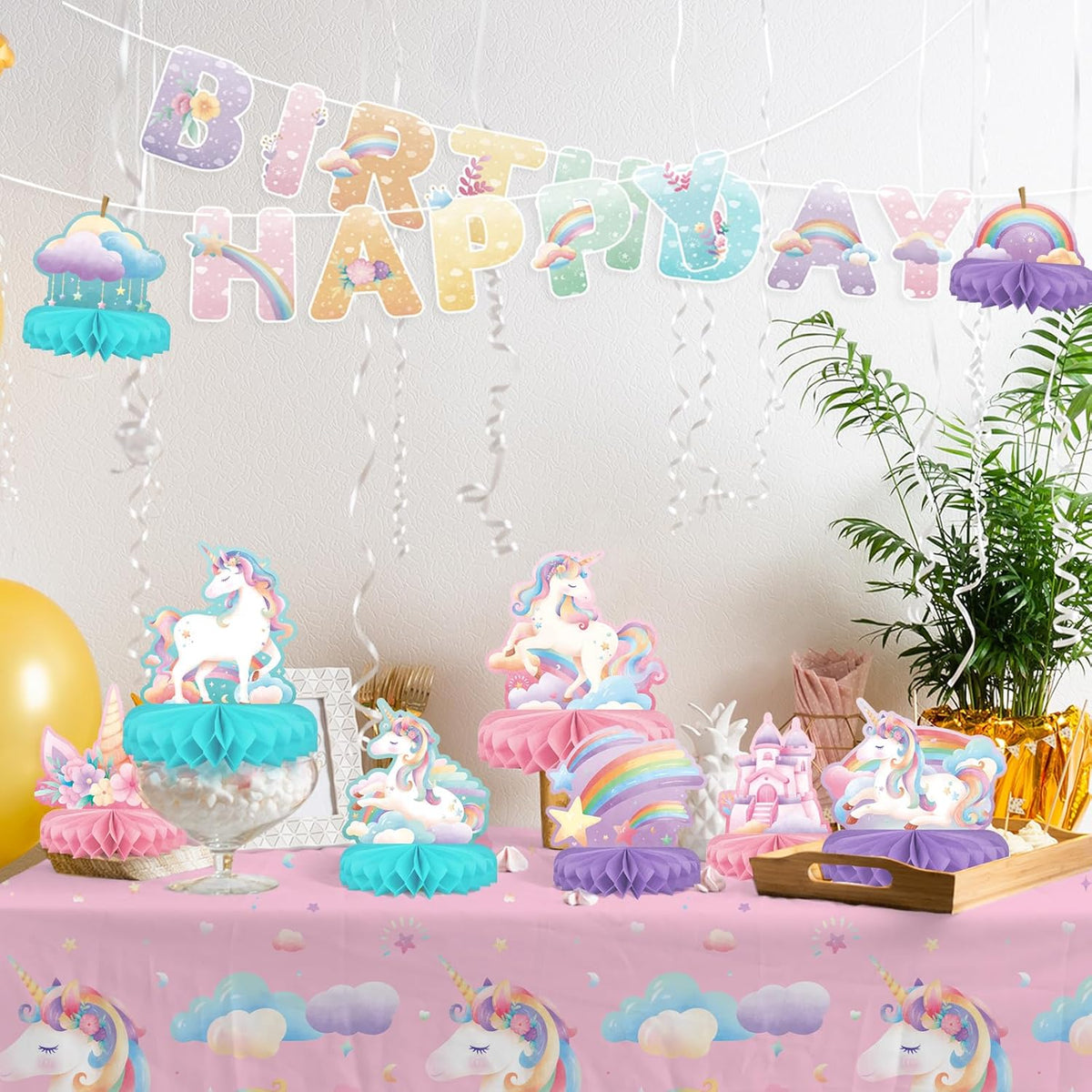 Unicorn Birthday Party Supplies Set - Rainbow Table Decorations with Honeycomb Centerpiece for
