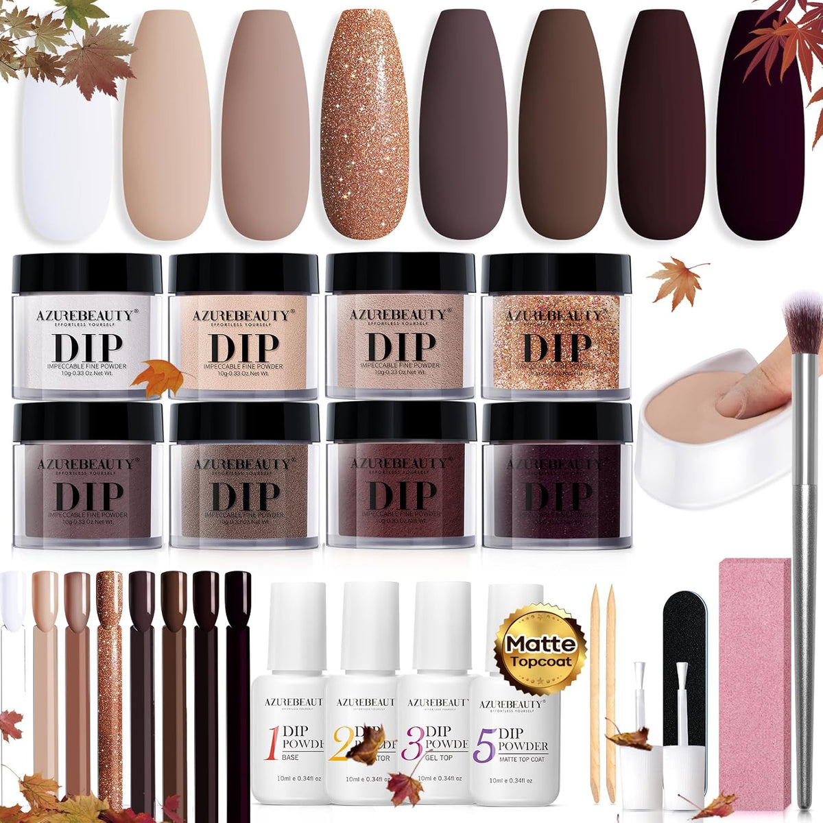 AZUREBEAUTY 30Pcs Dip Powder Nail Kit Starter, 8 Colors Fall Nude Brown Glitter Purple Nude with