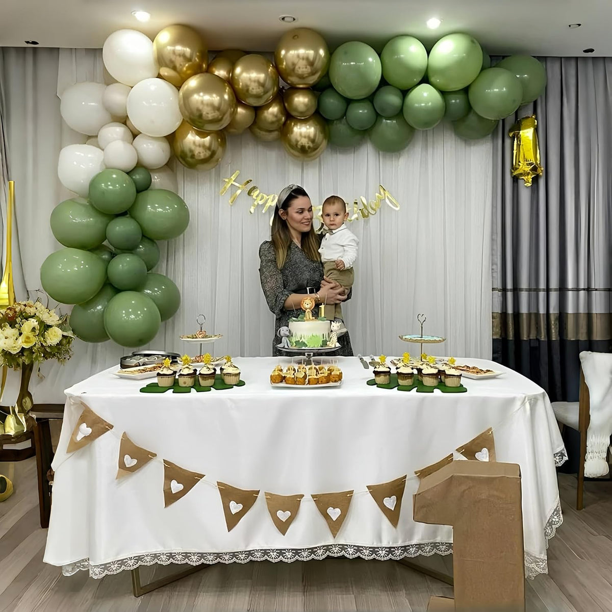 Sage Green and Gold Balloons, 12 Inch Olive Green White Metallic Gold Confetti Latex Balloons Set