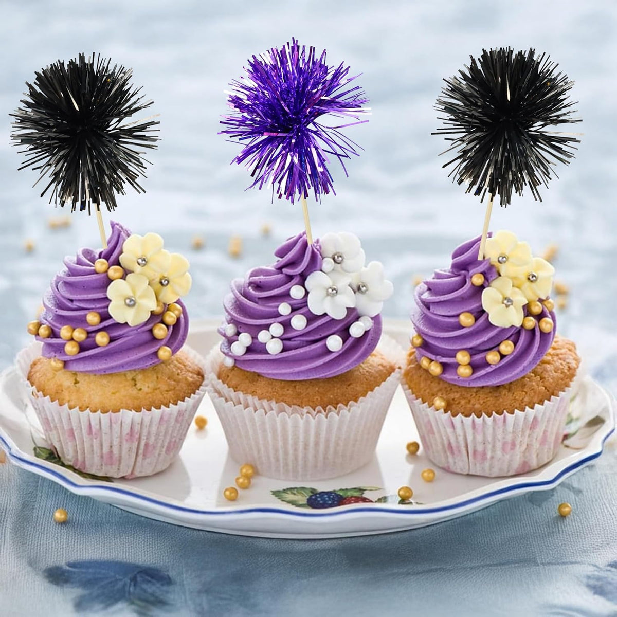 Ephlyn 30Pcs Foil Firework Cupcake Toppers Sparkle Tinsel Cupcake Picks Happy Birthday Cake