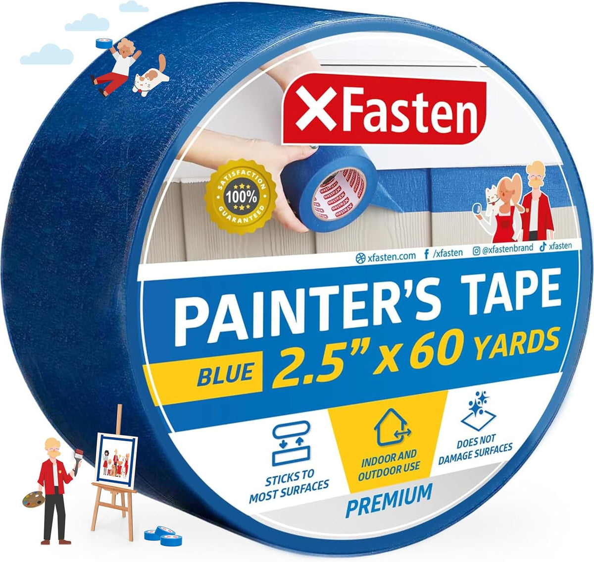 XFasten Professional Blue Painters Tape 2.5-Inches x 60-Yards (Single Pack) Blue Painters Masking