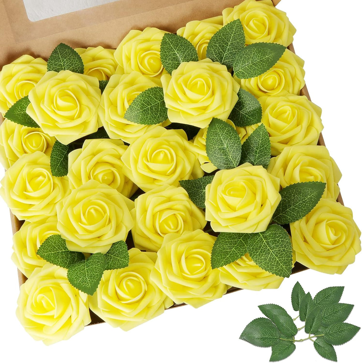 AmyHomie Artificial Flower Yellow Rose 25pcs Real Looking Fake Roses w/Stem for DIY Wedding