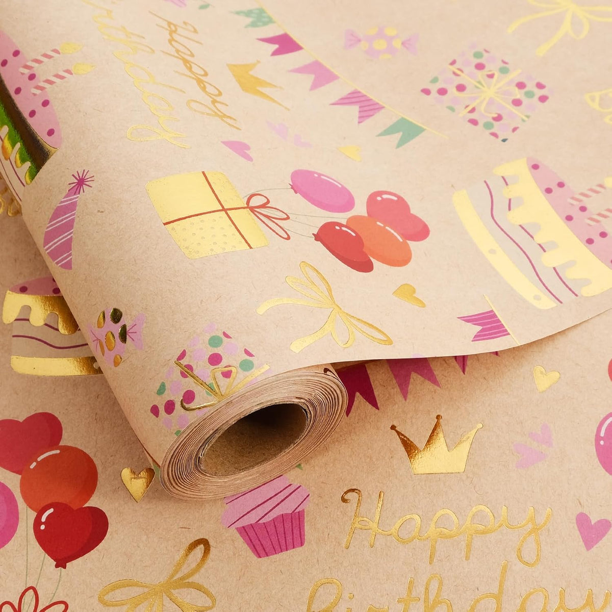 Aimyoo Birthday Wrapping Paper Roll - 17 Inch X 32.8 Feet - Gold Foil Celebration Cake, Gift