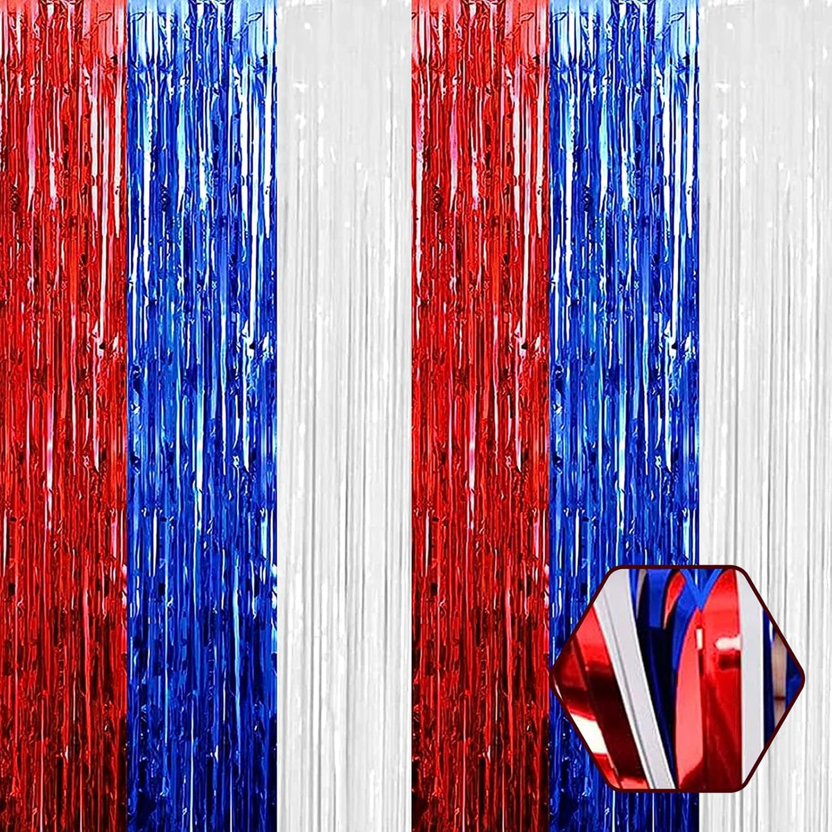3 Pack White Blue Red Foil Fringe Curtain Backdrop, 3.28Ft x 8.2Ft Metallic Tinsel Foil Fringe
