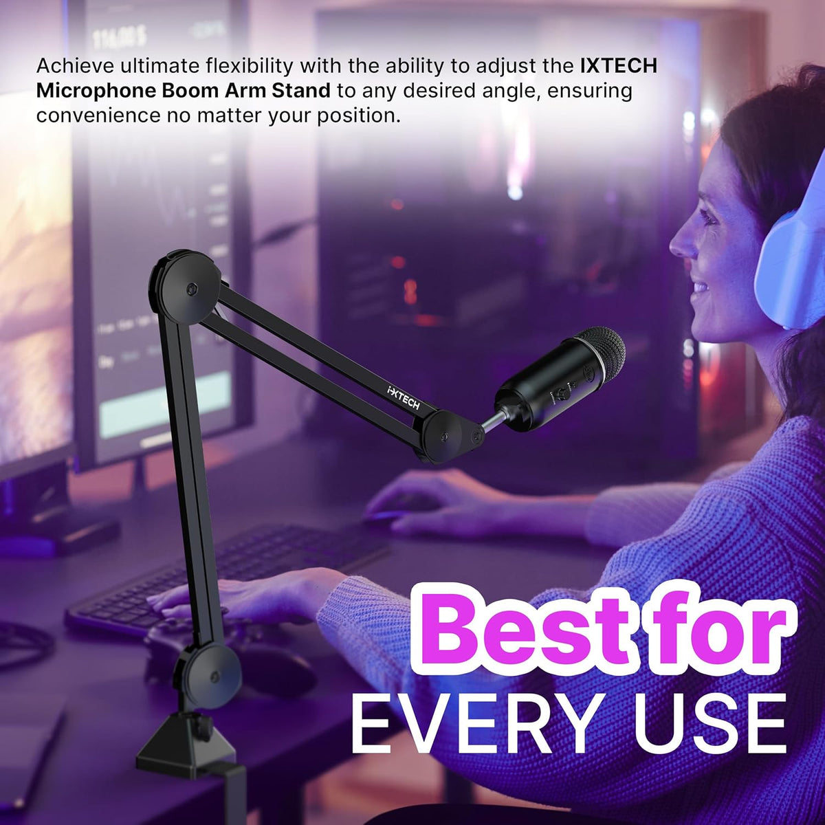 IXTECH Microphone Boom Arm Stand, Heavy Duty Adjustable Mic Stand with Cable Ties, Desk Mount Arm
