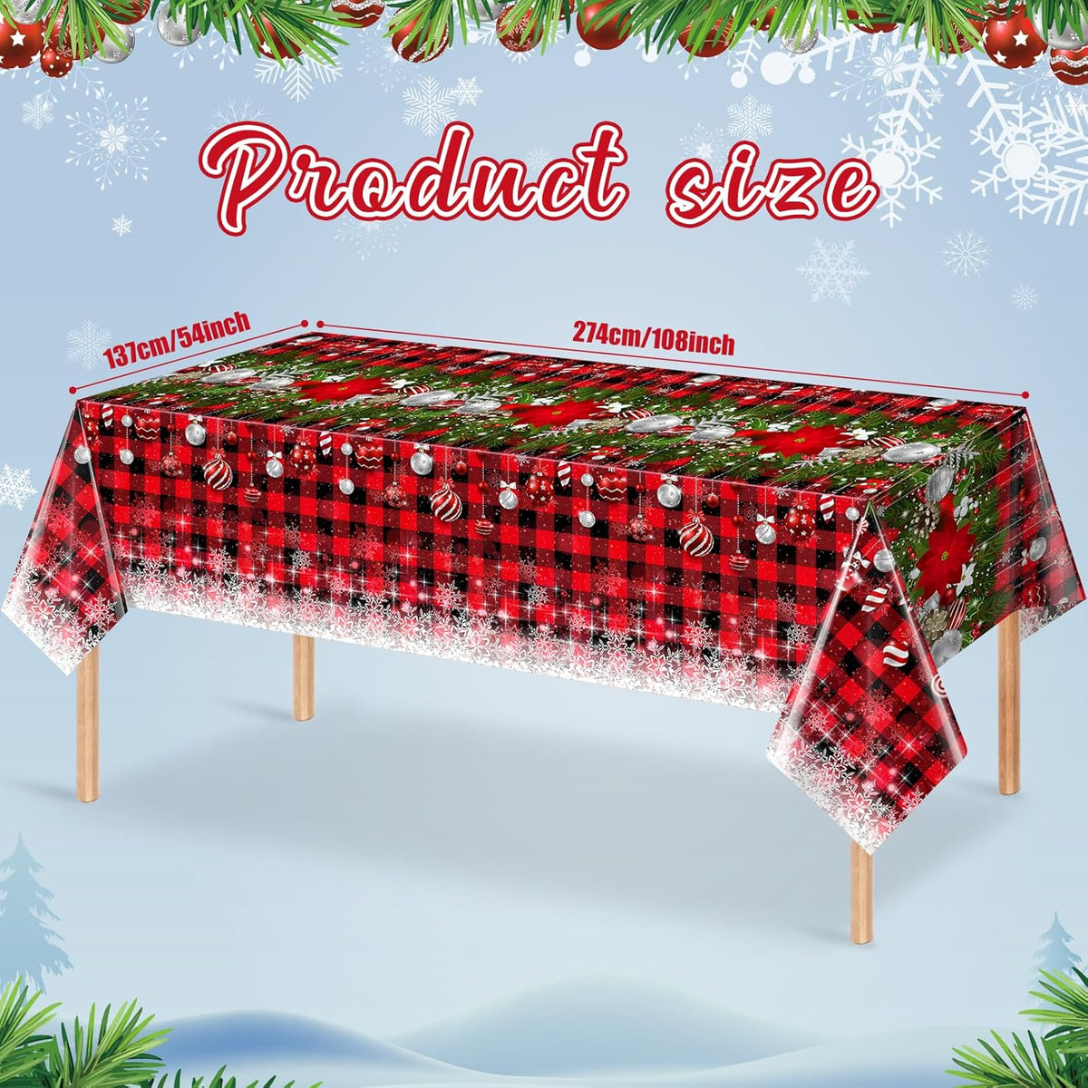 3Pcs Christmas Buffalo Plaid Snowflake Tablecloths,Plastic Red and Black Checkered Rectangle