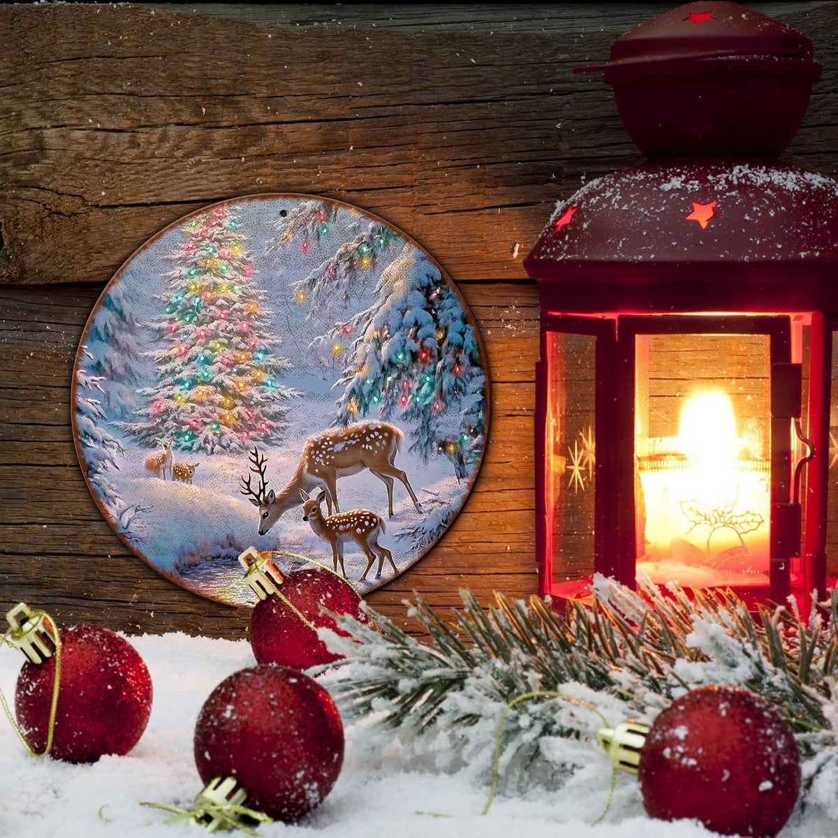 Christmas Tree Decor Round Metal Tin Sign Christmas Deer Vintage Tin Sign for Home Coffee Wall