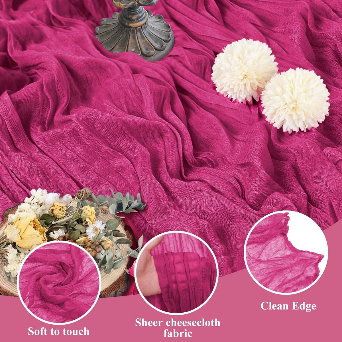 Asee'm 12pcs Cheesecloth Table Runner 120 Inches Long Fuchsia Boho Gauze Cheese Cloth Runner 10FT
