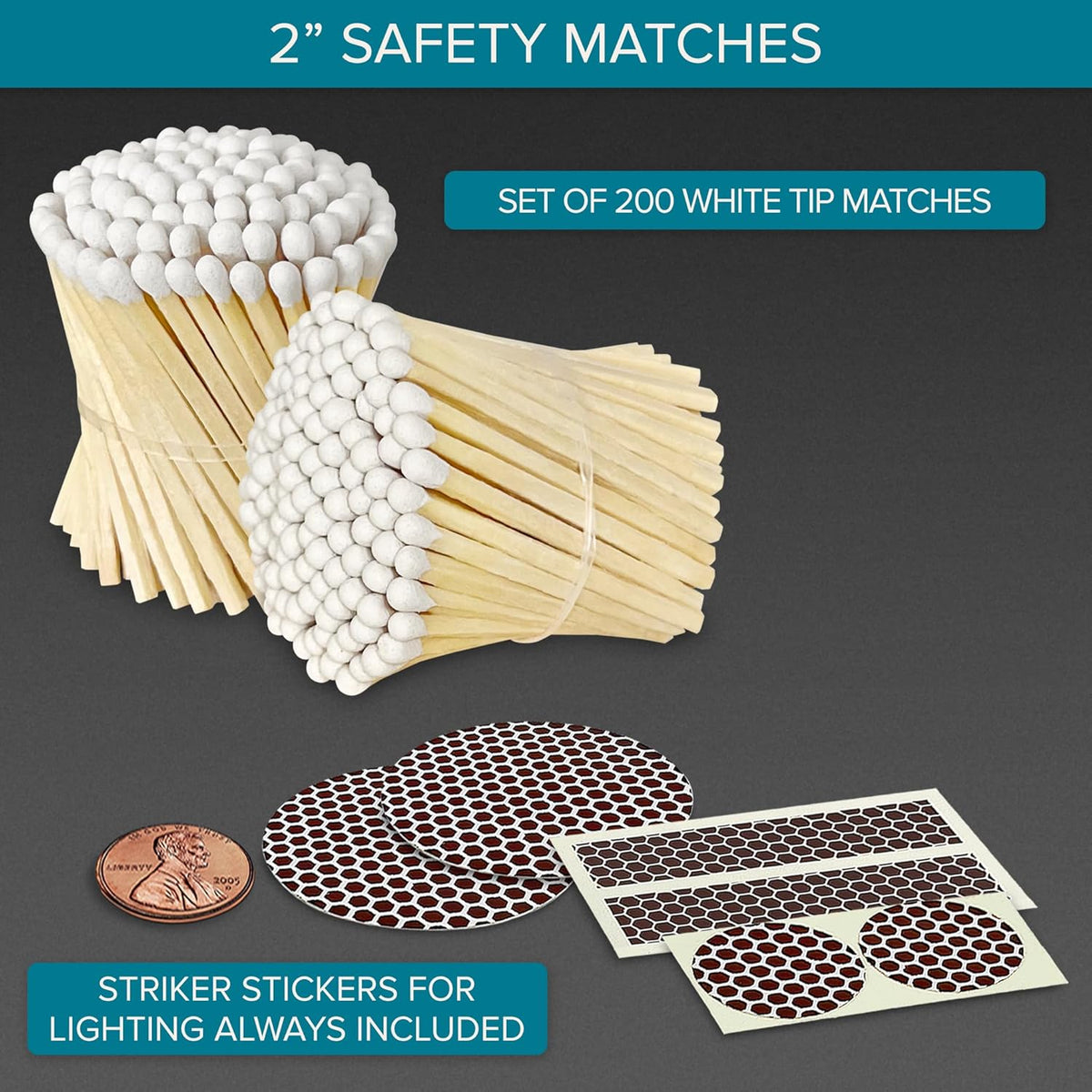 2" Classic White Tip Safety Matches | 200+ Bulk Artisan Matchsticks with Bumble Striker Stickers by