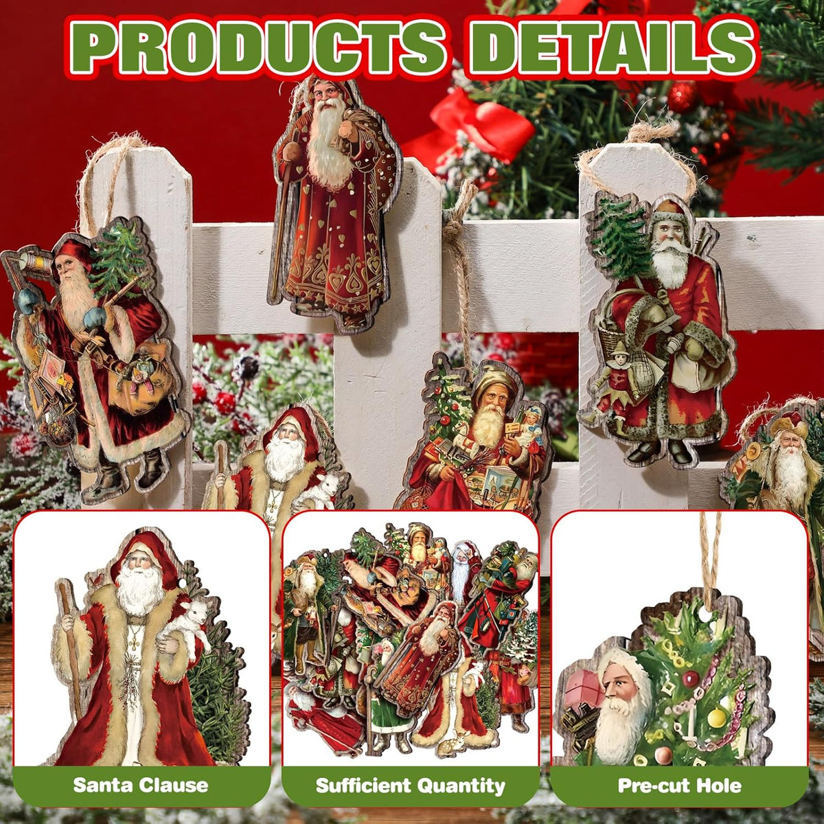 Suzile 36 Pcs Christmas Wooden Ornaments Vintage Christmas Tree Decorations Santa Claus Ornaments