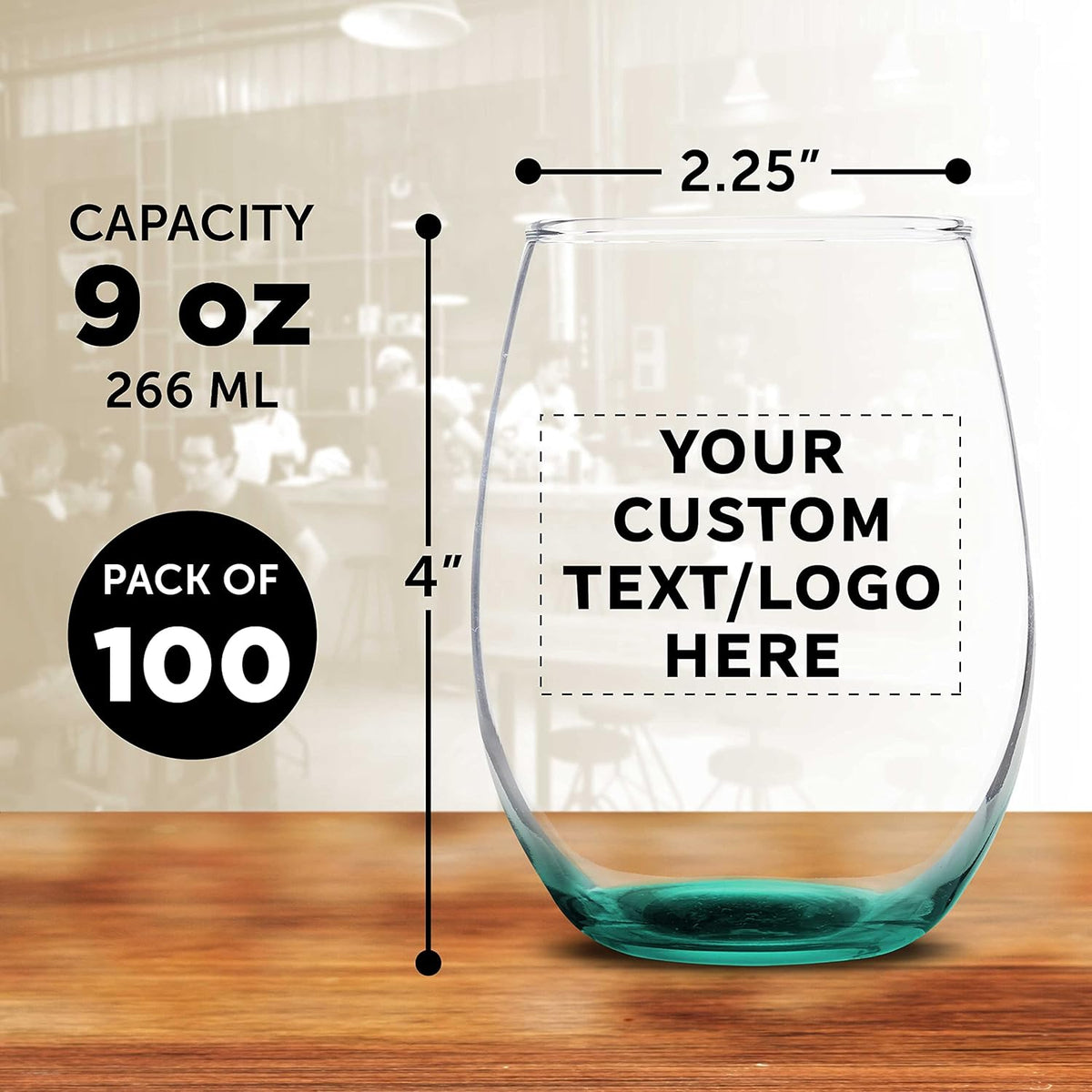 Custom Stemless Wine Glass 9 oz. Set of 100, Personalized Bulk Pack - Great for Wedding Favors